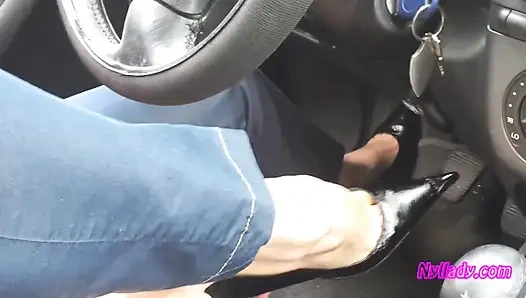 Driving and Revving in Black Pumps on Bare Foot