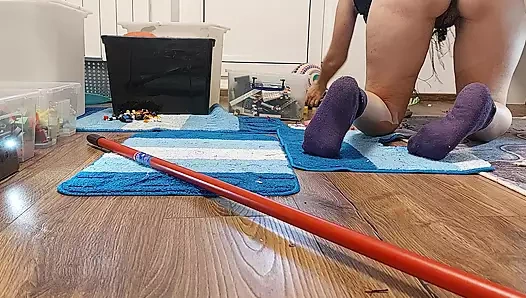 Sexy wife, hairy pussy, big ass, vacuum cleaner in empty house.