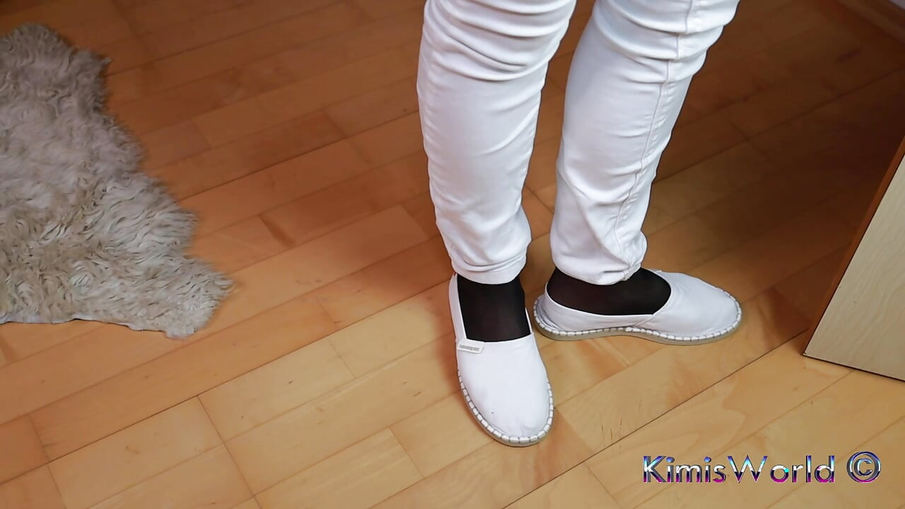 White Jeans, Black Reinforced Toe Stockings & White Espadrilles - Shoeplay & Dangling