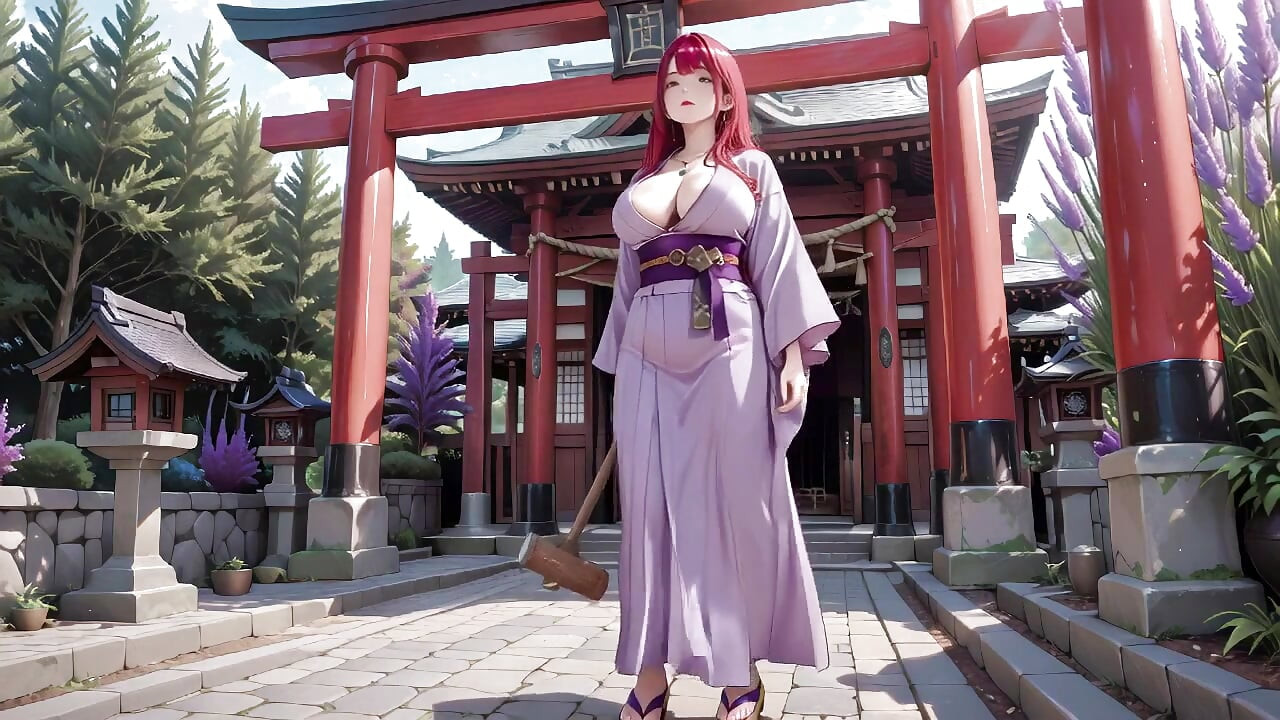 Kızıl saçlı kimono tanrıçası! Kutsal torii kapısının altında diz çöküp, sırılsıklam sırtsız kıyafetini utangaç bir bakışla ayarlıyor.