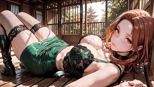 Yeşil dantelli parlak çizmeli baştan çıkarıcı kızıl saçlı Japon tatami odasında derin dölleme için geniş açıyor - filenin üzerine döl damlıyor!