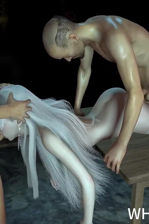 Косплей модели 3D с серыми волосами занимаются групповом сексом