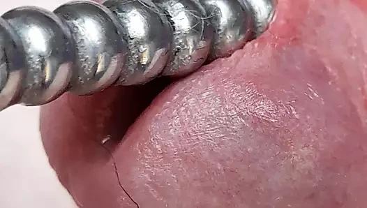 Penis tıkacına yakın çekim boşalma ile ses çıkarıyor