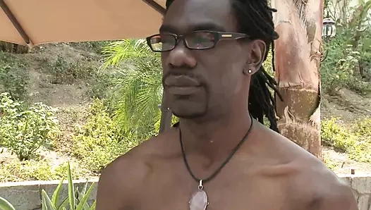 Busty honey rubs her pussy while riding big black dick