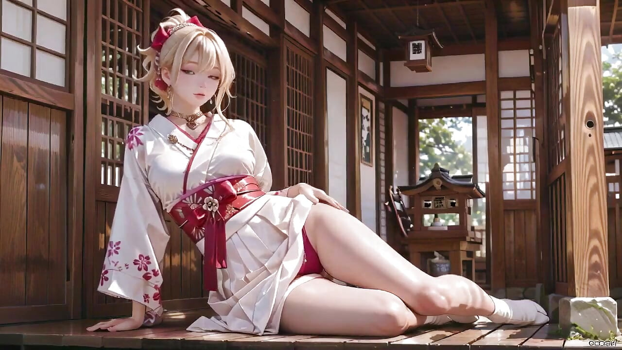 Sarışın Kimono kızı! Tapınaktan saf beyaz yatağa yasak kontrast, yarı düğmeli, parmak uçları titreyen