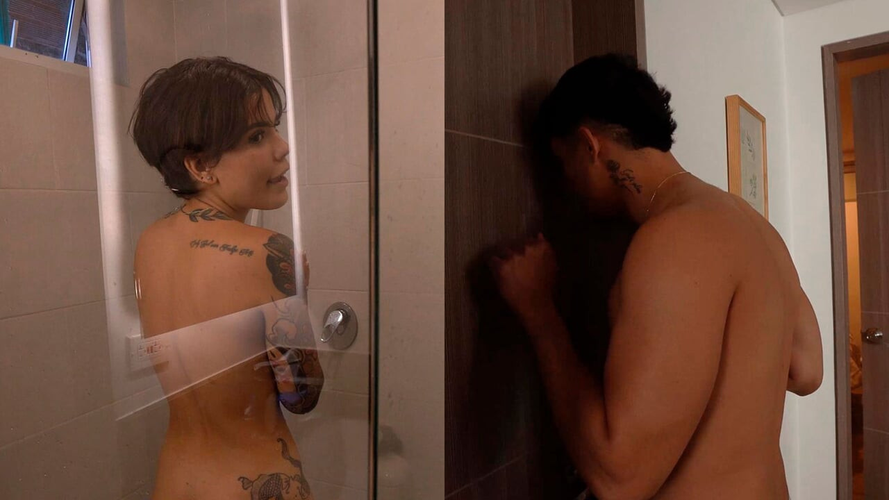 stepbrother shows his stepsister his cock in the bathroom and she craves for a taste of it
