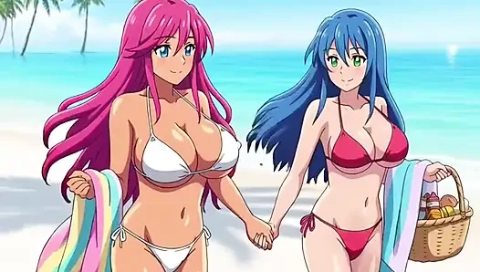 Two busty girls enjoy lesbian sex at private beach vacation