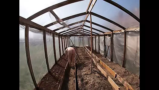 Serada çalışan çıplak ev hanımı