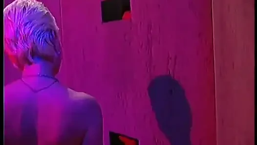Amazing blonde slut blows a few cocks and swallows a glass of semen in the secret room