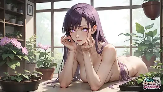 Violet Hair Goddess güneşli tapınakta sabah kahvesi içiyor