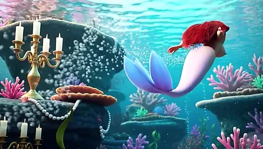 Şehvetli olgun Ariel uzun insan bacakları ve fantezideki zarif pozlarla büyülü sualtı mağarasını keşfediyor