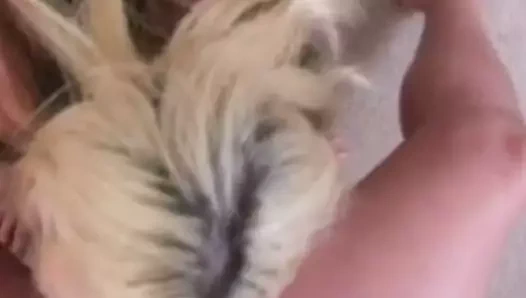 Sevimli sarışın bebek emme aşağı the horoz eğlence deneyimi