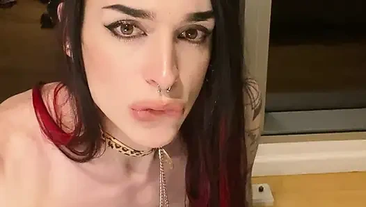 Trans sürtük Chanel Noir büyük doğal göğüslerini yağlıyor ve boşalma ile yarak sıvazlıyor