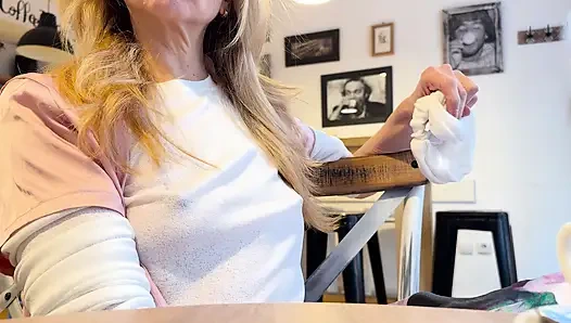 Extremely sexy white sheer blouse exposing my big hard pierced nipples in a coffee shop