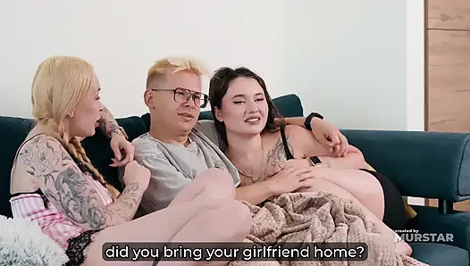 Step Sis Gives Her Step Brother a Secret Blowjob Under the Blanket While His Girlfriend Watches the Movie