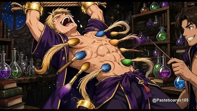 Büyücünün Çalışma Odasında Bağlı - Kaburgalarına ve Karnına Büyülü Boya Fırçaları (2D Anime)