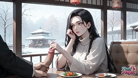 Kimono krem damlayan karlı bir kafede seksi, edepsiz baştan çıkarma - azgın, sert porno!