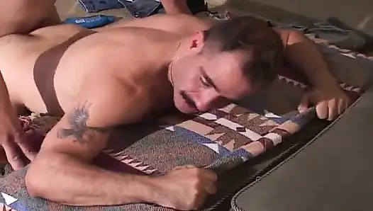 Man with mustache gets hairy asshole rammed by his partner in doggy position