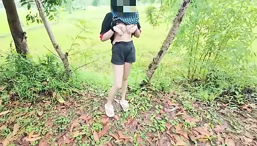 Thai Girl Walking Showing Along the Side of the Field Road in the Countryside Thai Outdoor Public