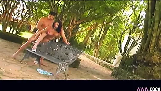 Pembe iç çamaşırlı esmer kadın açık havada park bankında sikiliyor