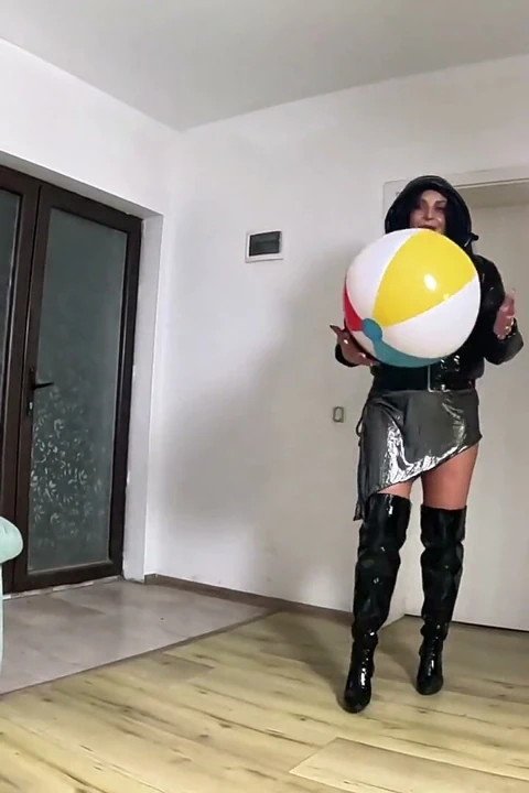 Glossy Downjacket MILF Beach Ball Fetish. Deepthroat, Popping, Riding and Double Cum