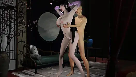 Seksi elbise giyen 3 boyutlu kostümlü sürtük mükemmel ayaklarını gösteriyor