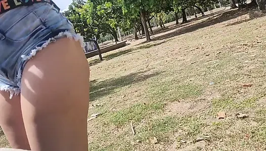 Hottie in micro shorts with hairy pussy
