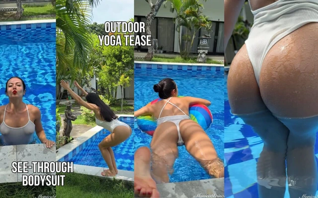 Açık havada yoga ağacı pozu ve havuzda transparan tulum içinde azdırma