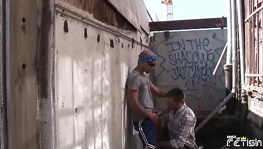 Horny dude gets his tight asshole fucked hard by a bald guy with sunglasses outdoor
