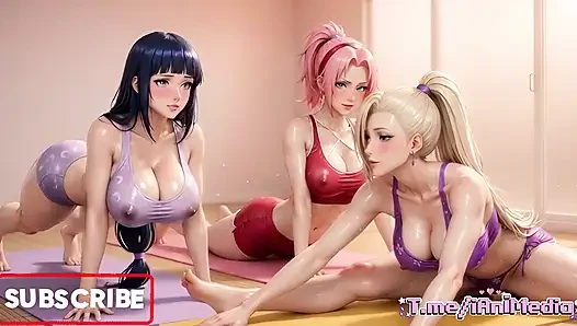 Naruto kızları yoga sınıfı çıldırdı sakura, hinata ino büyük göğüslerini azdırıyor