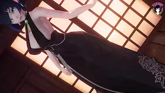 Genshin impact - yelan - seksi elbise ve çorapla dans ediyor (3d hentai)