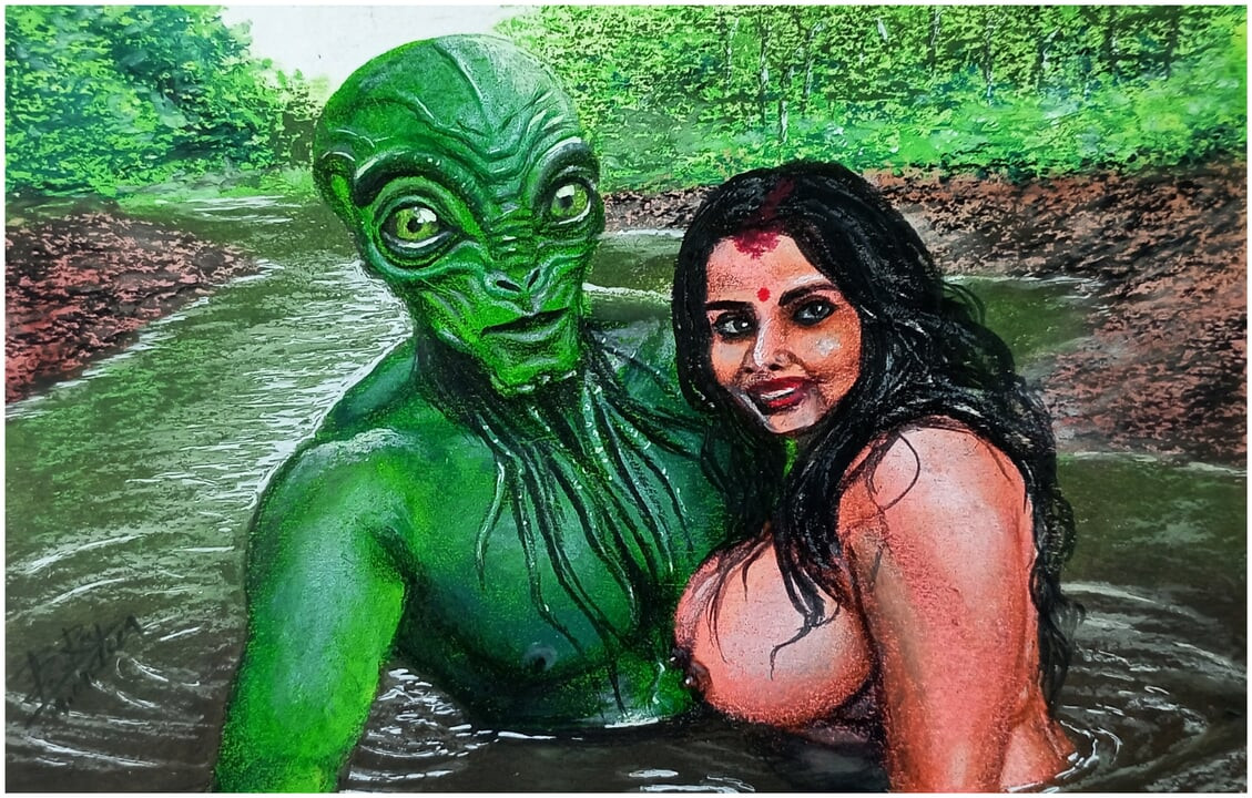 Erotik sanat veya seksi Hintli desi yengenin dünya dışı bir uzaylıya aşık olması