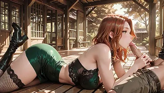 Yeşil dantelli parlak çizmeli baştan çıkarıcı kızıl saçlı Japon tatami odasında derin dölleme için geniş açıyor - filenin üzerine döl damlıyor!