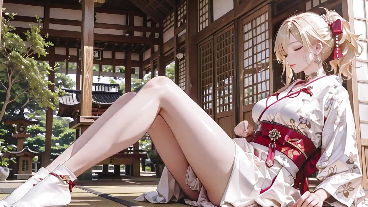 Sarışın Kimono kızının tapınak sırrı! Bej modifiyeli kimono içinde Torii kapısının altında diz çöküp kalkıyor