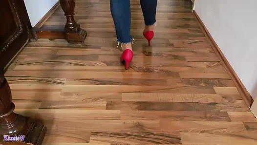 Pink Heels on Wood - Seductive Clicking and Jeans Tease Asmr