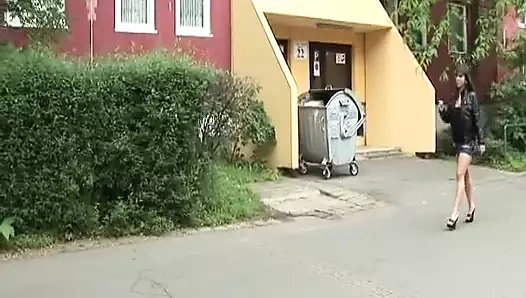 Güzel esmer Alman şişman paketleyiciye biniyor