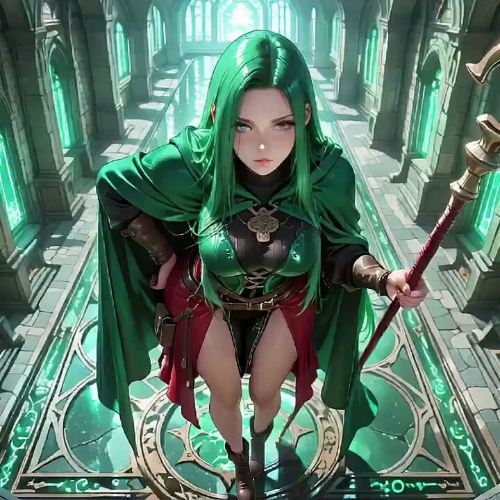 Gotik bir katedralin ethereal mavi parıltısı altında, personeliyle diz çöker, gözleri sana kilitli.
