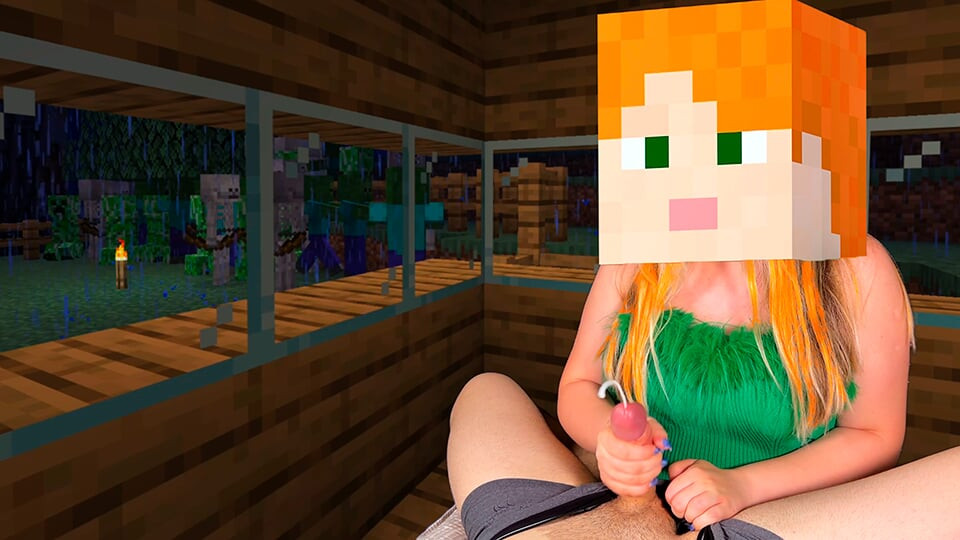 Minecraft'tan ateşli Alex rahat bir evde Steve'in sert yarağını sıvazlarken, ürperticiler ve iskeletler gece köyünde dolaşıyor
