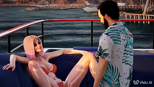 Yatta güneşlenen muhteşem genç kız birden fazla kez fışkırtana kadar erkek arkadaşı tarafından sert sikiliyor