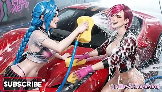 Jinx ve ben kırmızı Ferrari'yi ıslak ve köpüklü yıkanırken gördük
