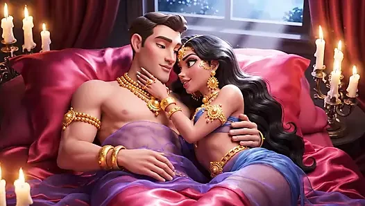 Erotik çizgi film çift - tutkulu öpüşme ve mum ışığında romantik ön sevişme