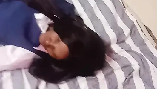 Hot 18 year old school girl plays with pink vibrator on launch chair