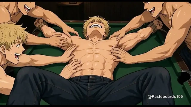Bilardo Masasında Dört'e Bir - Arkadaşları Tarafından Kolları ve Bacakları Açık Bağlanıp Gıdıklanma (2D Anime)