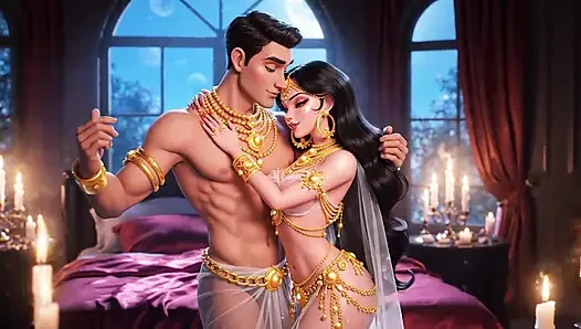 Lüks çizgi film aşıkları samimi yatak odası romantizm derlemesi - altın süsler şehvetli animasyonlu tutku