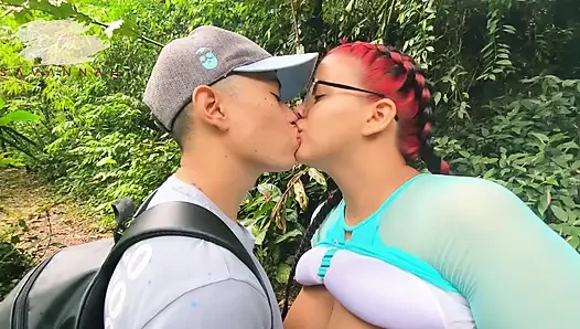 Chubby with glasses training in the woods lets a stranger rip her pants