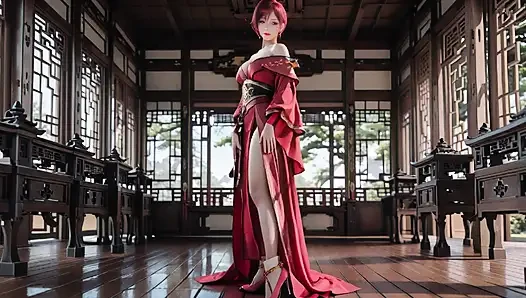 Yüksek yarıklı kimono giyen mor saçlı gardiyan, ateşli bir bakış ve ıslak, yasak bir fışkırarak gözlerinizi azdırmak için diz çöküp.