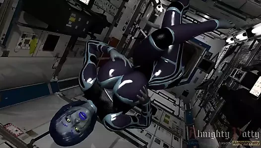 Seksi mavi android piliç kendi büyük göğüslerini okşuyor