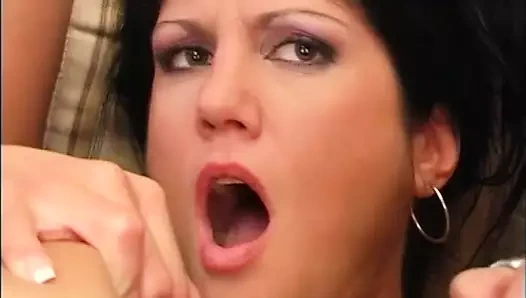 Amazing Gang Bang with this sexy brunette getting cum on her ass and shaved pussy