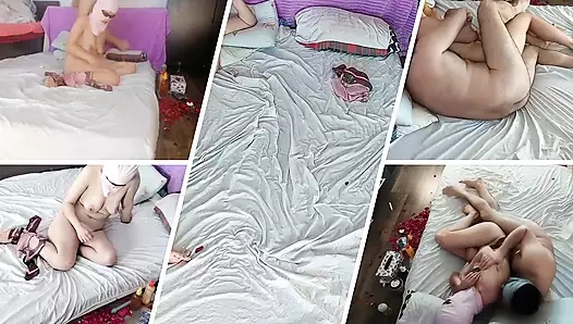 Amateur couple crazy sex in the bedroom. Sexy wife dries her hair.