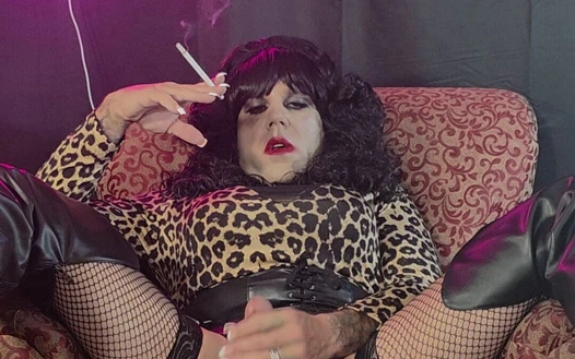 Crossdresser Cassandra Strokes Cock and Smokes Virginia Slim 120 While Wife Watches